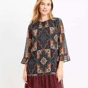 LOFT Petite Metallic Clip Geometric Mini Dress Red Green Gold